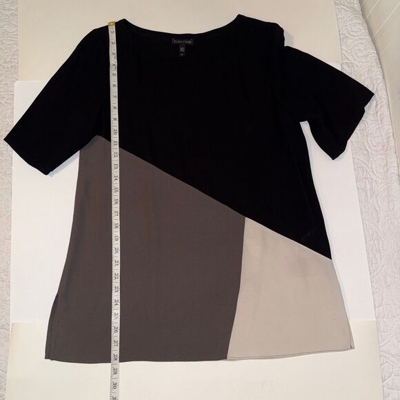 Eileen Fisher Color Block Short Sleeve Silk Top Bateau Neck Blouse Black Cream S - Picture 8 of 12